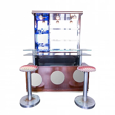 Bar cabinet with 2 stools in Missoni fabric, 60s