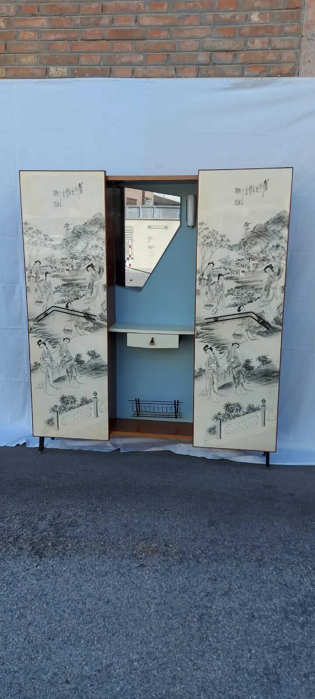 Cabinet with coat rack and sliding doors chinoiserie, 50s 1247790