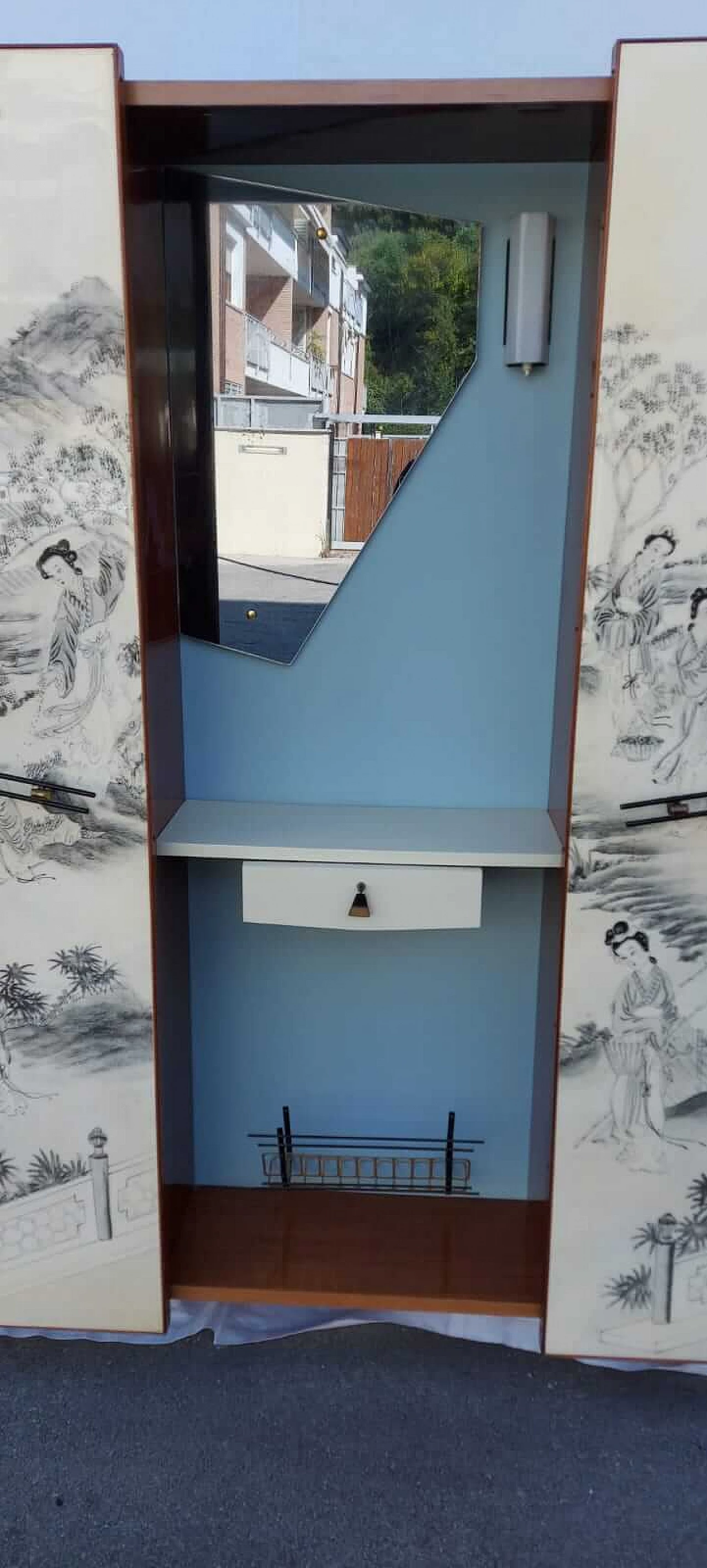 Cabinet with coat rack and sliding doors chinoiserie, 50s 1247792