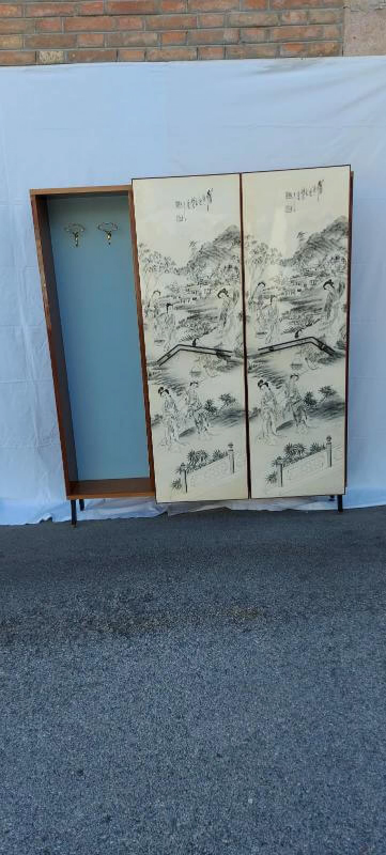 Cabinet with coat rack and sliding doors chinoiserie, 50s 1247793