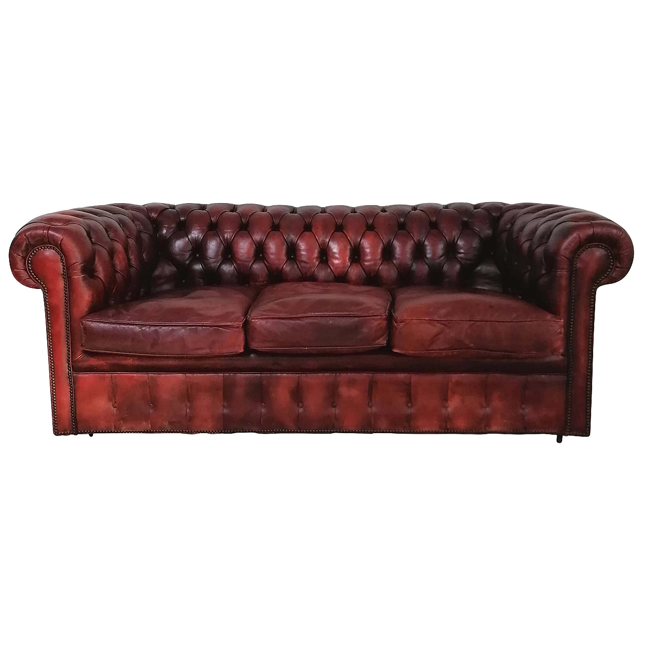 Chesterfield club 3 seats sofa in bordeaux red leather, 60s 1247868