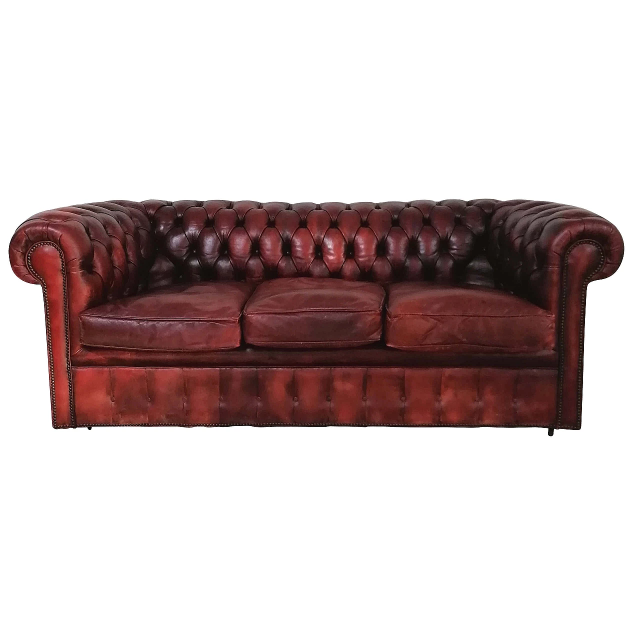 Divano 3 posti Chesterfield club in cuoio rosso bordeaux, anni '60 1247868