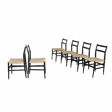 6 Lacquered wooden chairs with straw seat, 60s