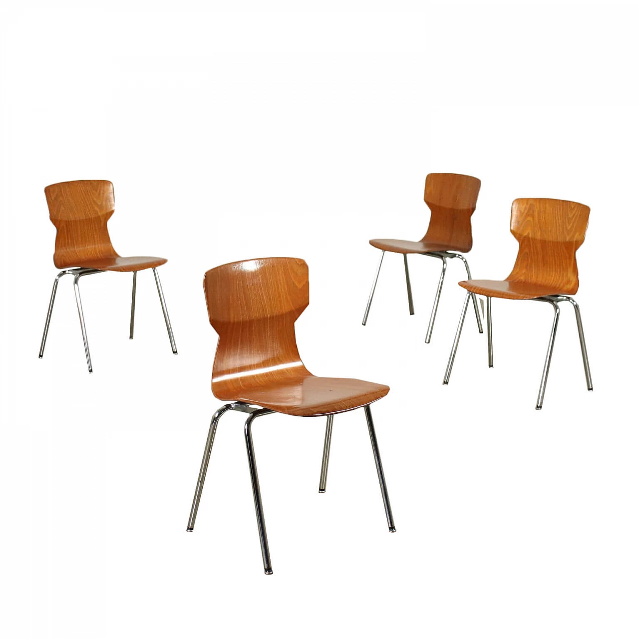 4 Chairs in plywood and chromed metal by Obo Eromes, 60s 1248790