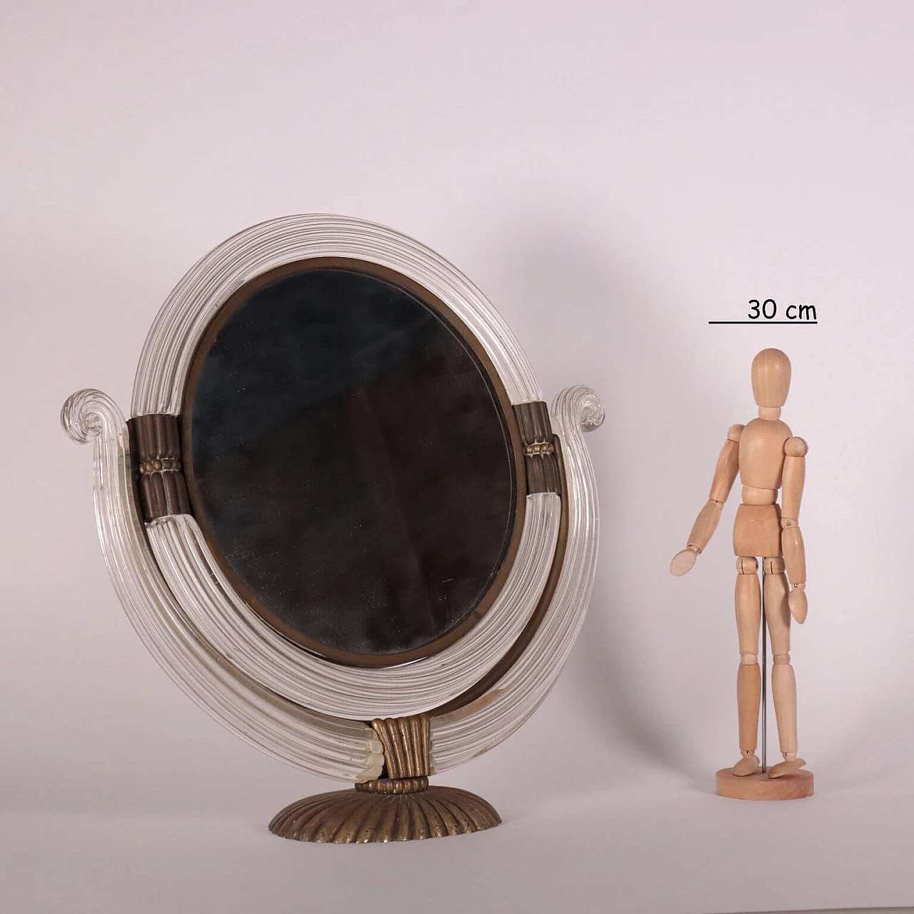 Specchio da tavolo in bronzo e vetro di Murano alla maniera di Barovier, anni '30 1248813