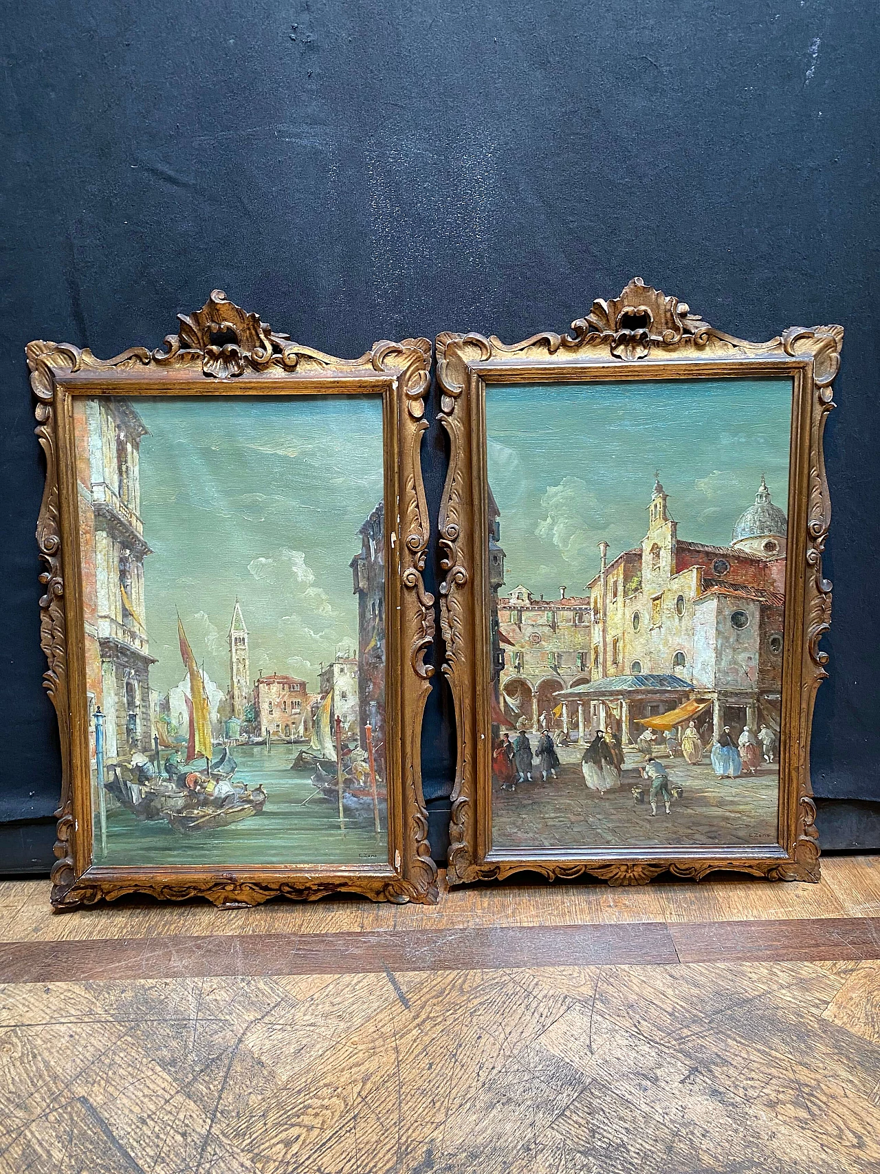 Coppia di vedute di Venezia ad olio di Eugenio Zeno, inizio '900 1248877