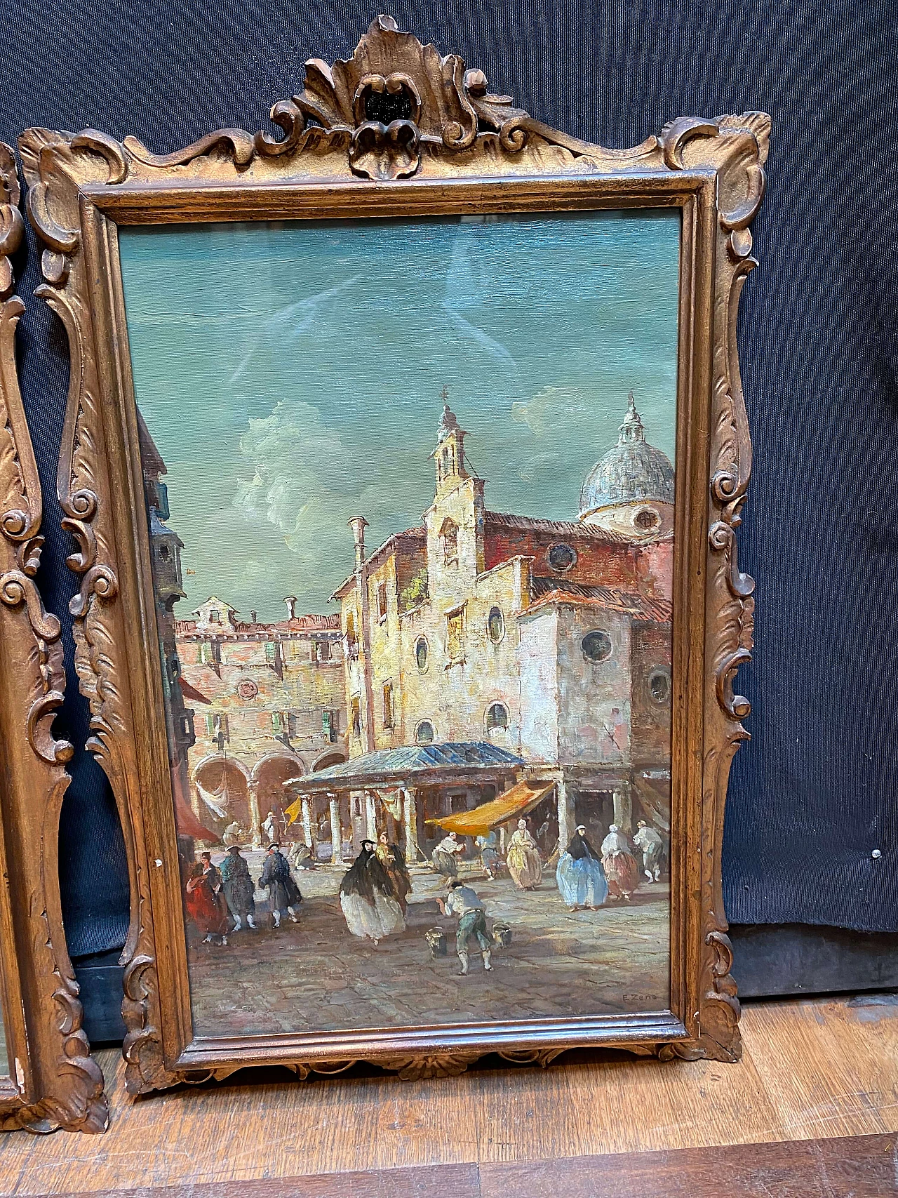 Coppia di vedute di Venezia ad olio di Eugenio Zeno, inizio '900 1248879