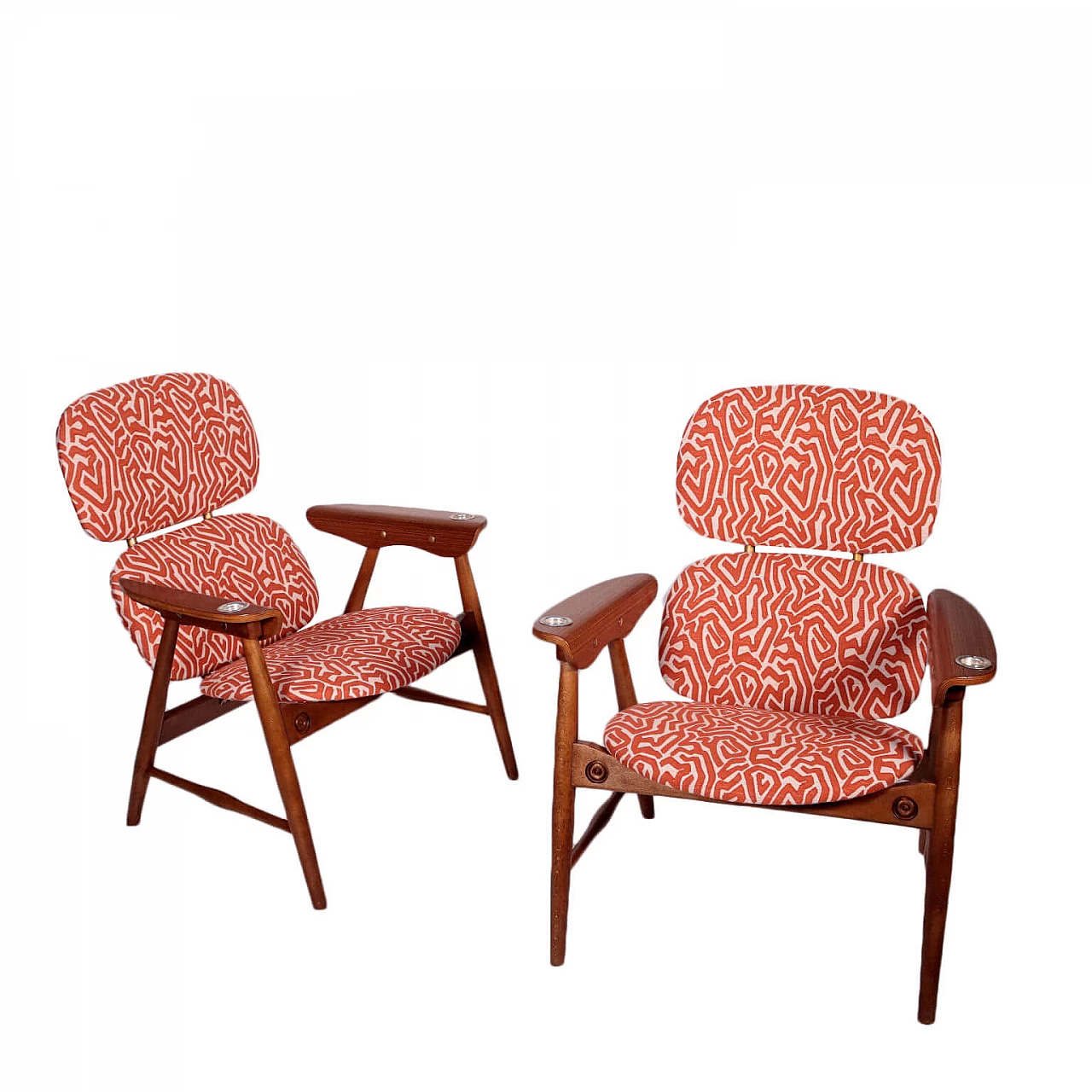 Pair of armchairs in wood and fabric, 60s 1249005