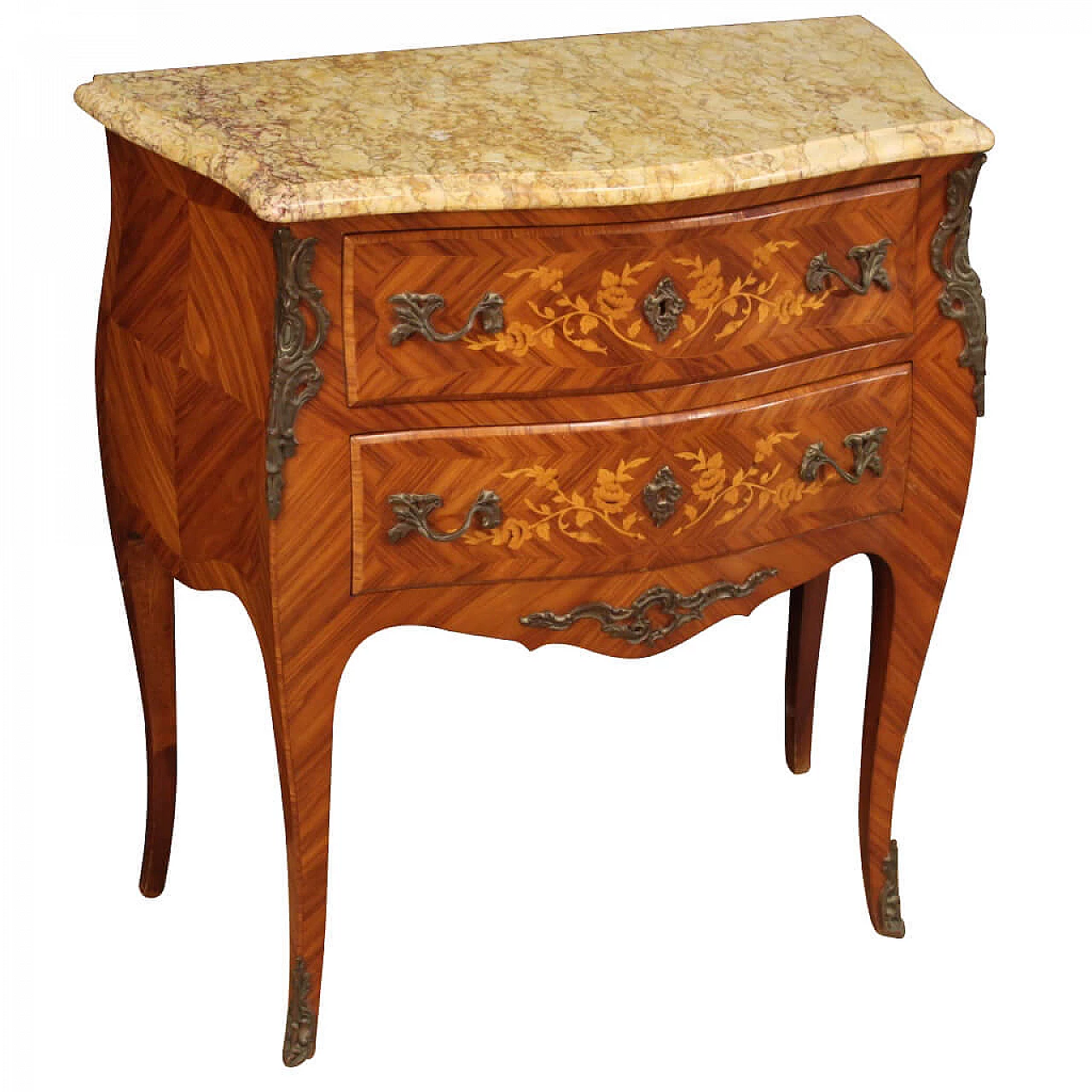 Comò intarsiato in stile Luigi XV con piano in marmo, anni '60 1249336