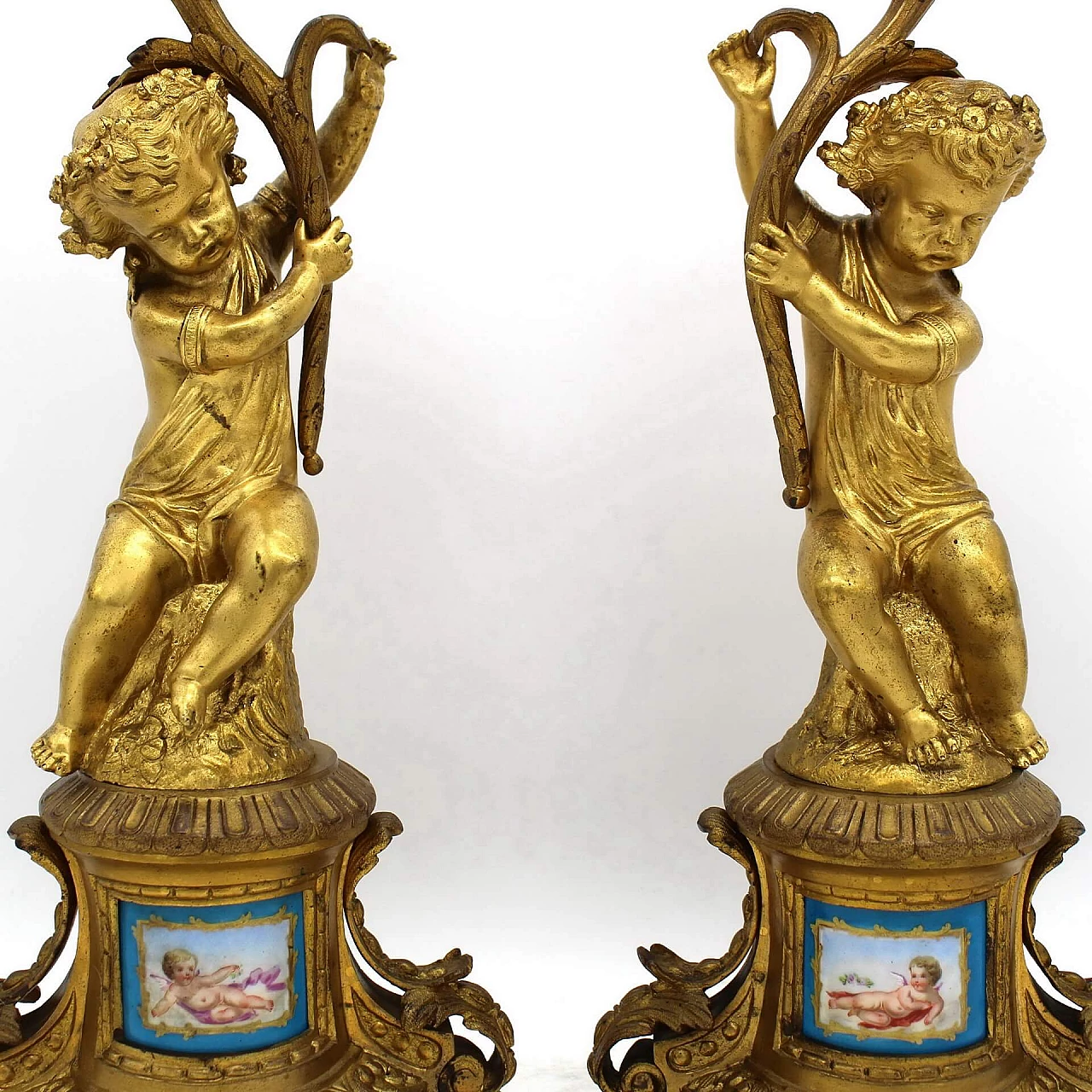 Coppia di candelieri Napoleone III in bronzo dorato e porcellana dipinte, '800 1249495