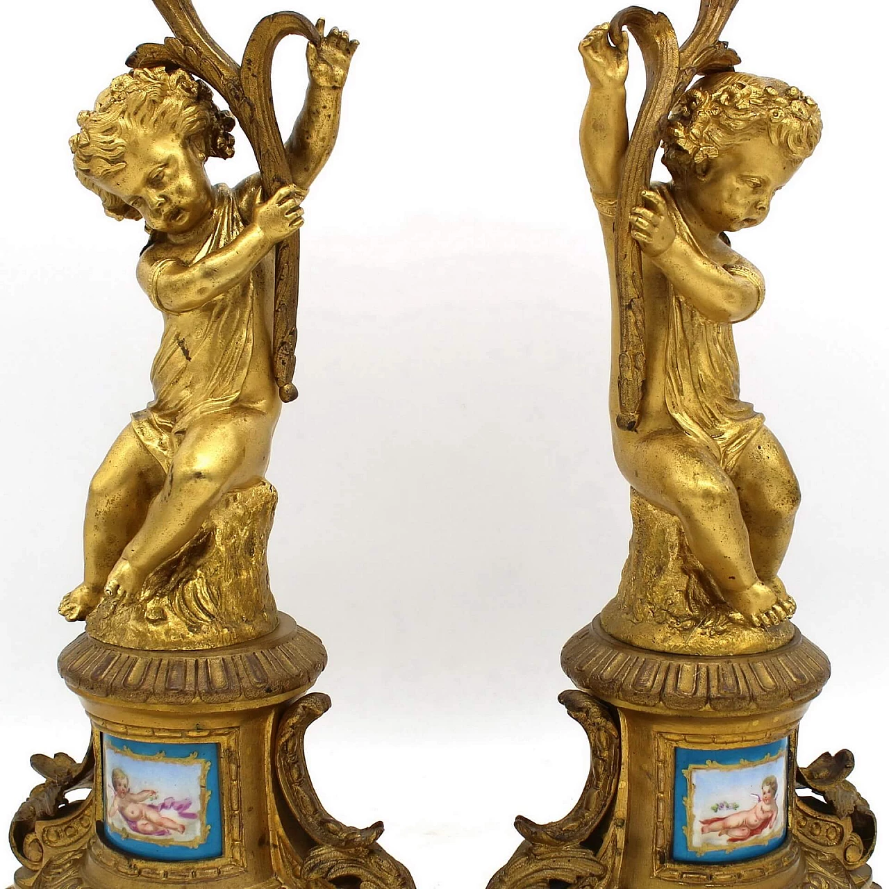 Coppia di candelieri Napoleone III in bronzo dorato e porcellana dipinte, '800 1249497
