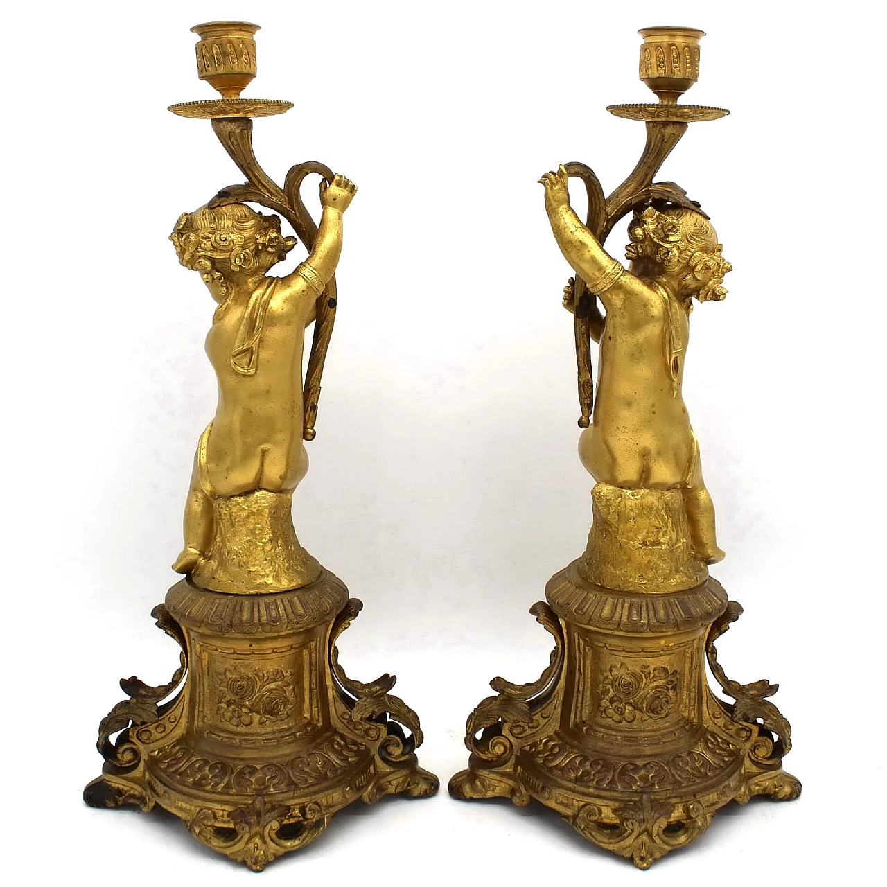 Coppia di candelieri Napoleone III in bronzo dorato e porcellana dipinte, '800 1249498