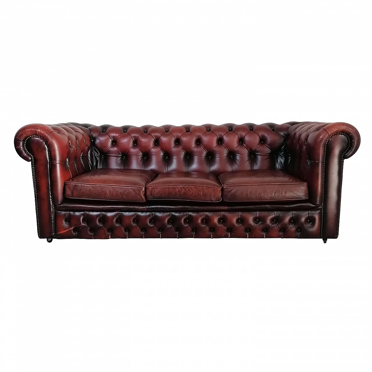 Divano a tre posti Chesterfield club in pelle rosso bordeaux, anni '90 1249676