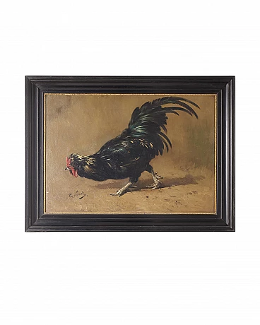 Oil painting with black rooster by Vihontey