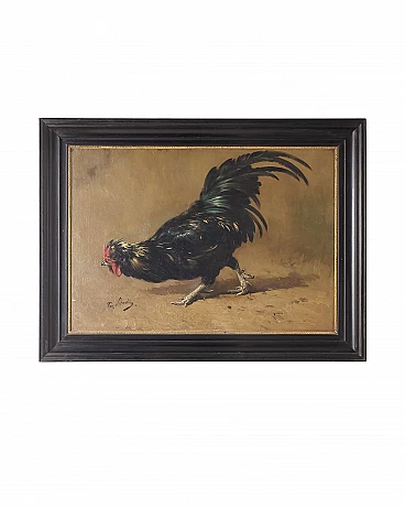 Quadro ad olio con gallo nero di Vihontey
