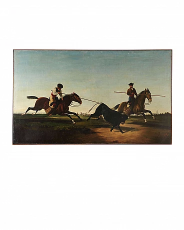 Oil painting with Free Bullfight running, dated 1899