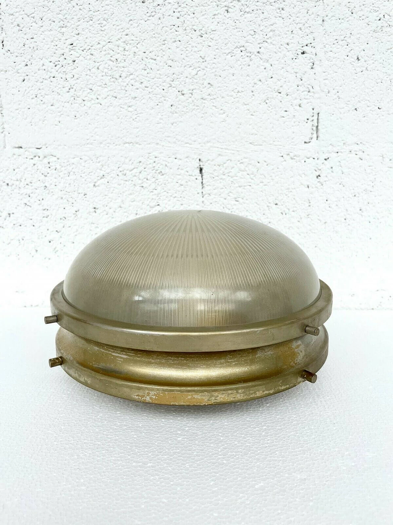 Plafoniera Sigma in ottone nichelato e vetro stampato di Sergio Mazza per Artemide, anni '60 1249923