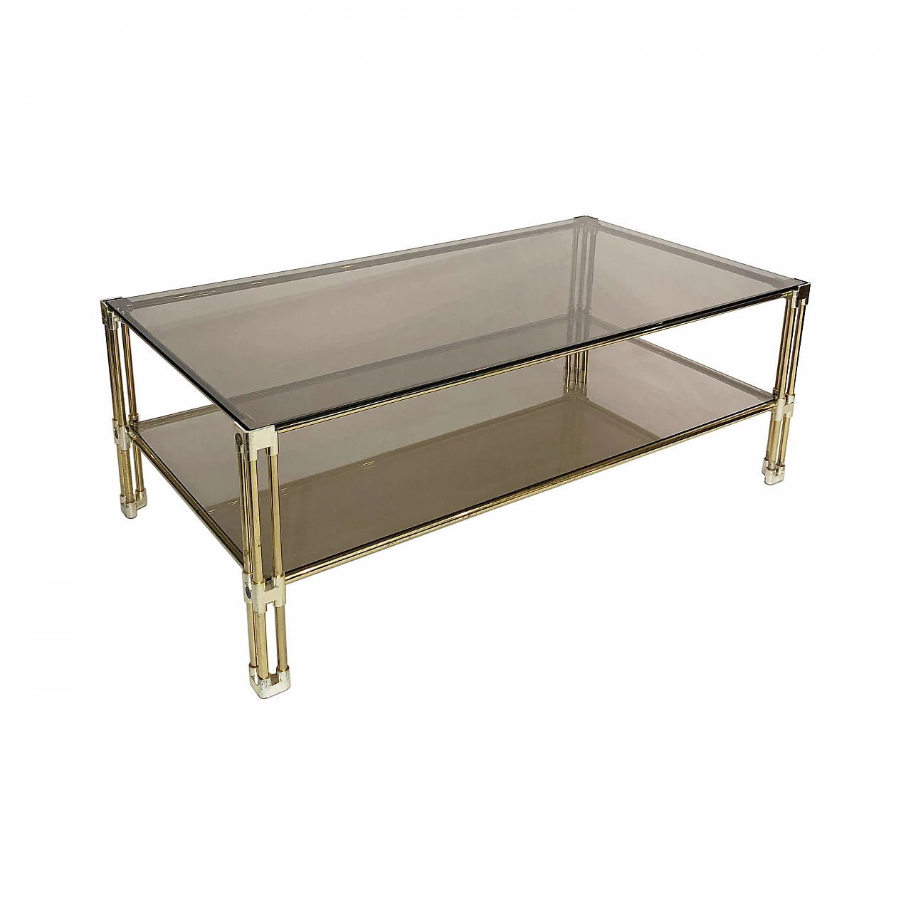 Two-tier coffee table in brass and smoked glass, 70s 1250071