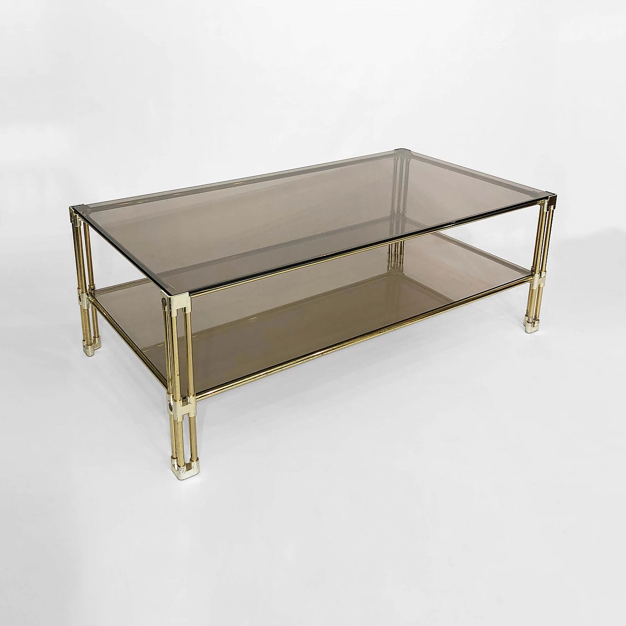 Two-tier coffee table in brass and smoked glass, 70s 1250072