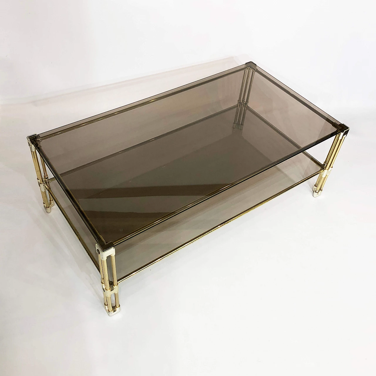 Two-tier coffee table in brass and smoked glass, 70s 1250073