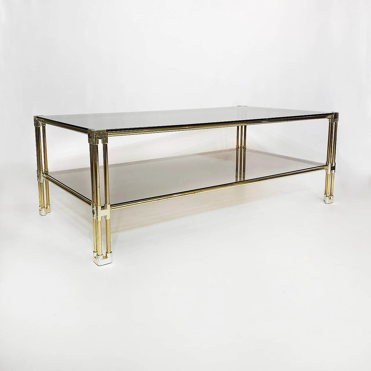 Two-tier coffee table in brass and smoked glass, 70s 1250074