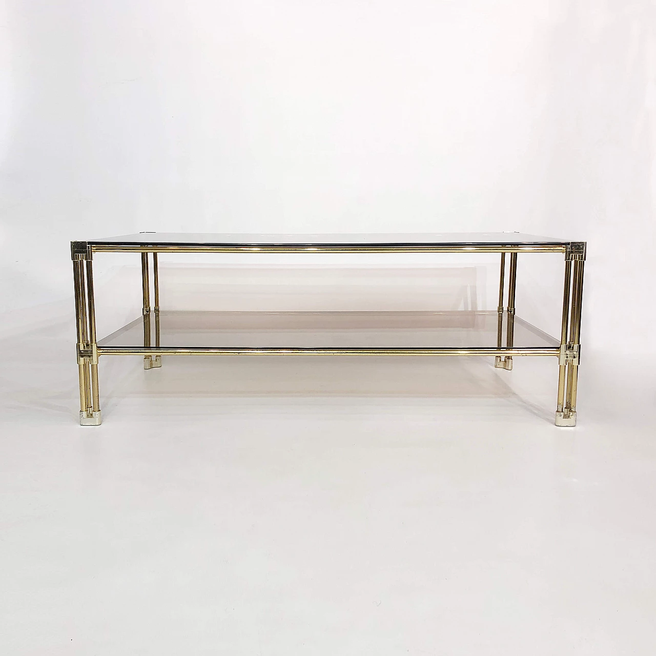 Two-tier coffee table in brass and smoked glass, 70s 1250075