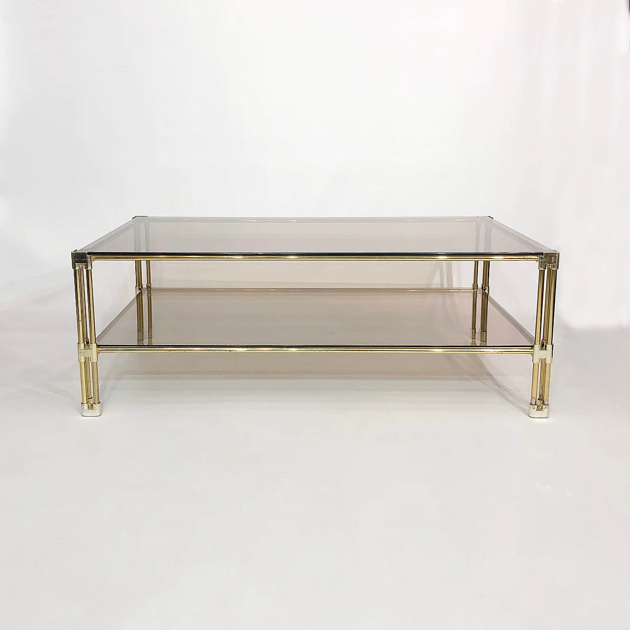 Two-tier coffee table in brass and smoked glass, 70s 1250076
