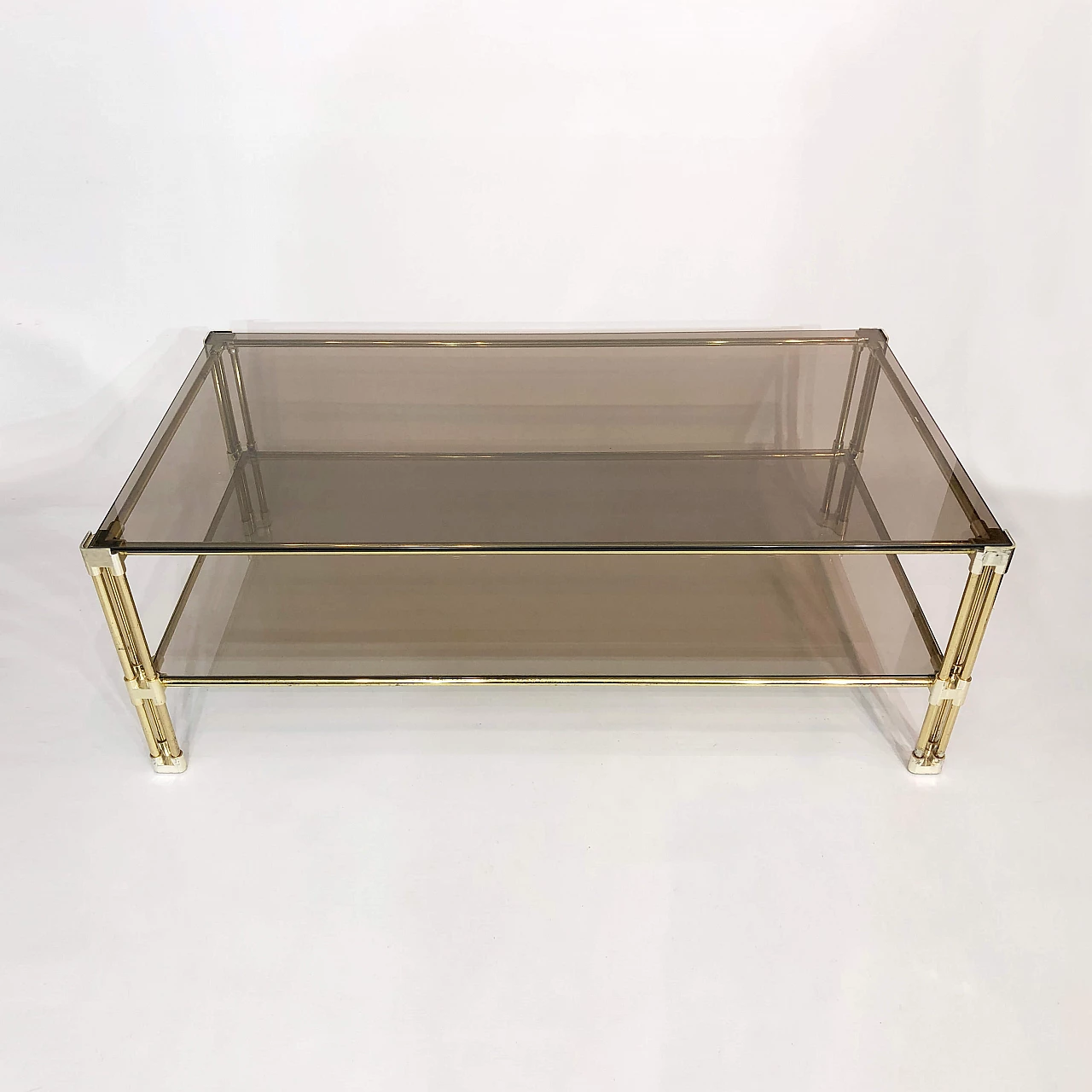 Two-tier coffee table in brass and smoked glass, 70s 1250077