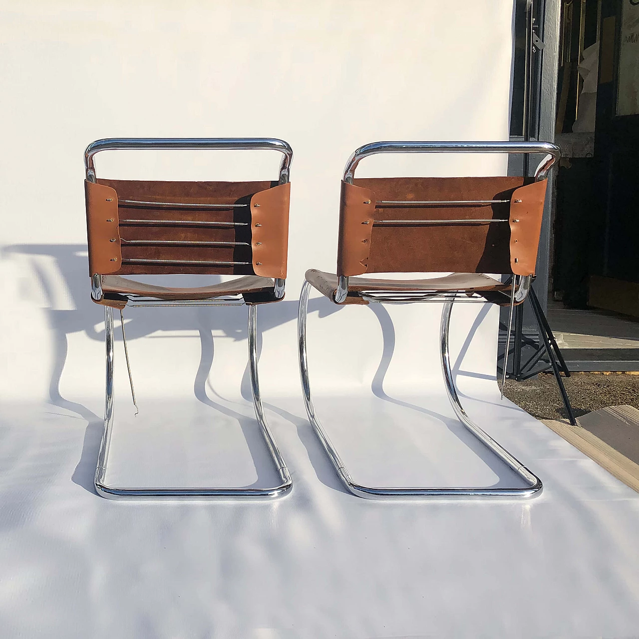 MR10 leather and metal dining chairs by Ludwig Mies van der Rohe for Knoll International, 60s 1250175