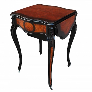 Tavolino Napoleone III in radica ebanizzata con scompartimento e alette laterali, '800