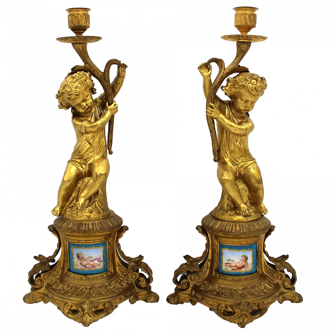 Coppia di candelieri Napoleone III in bronzo dorato e porcellana dipinte, '800 1250300