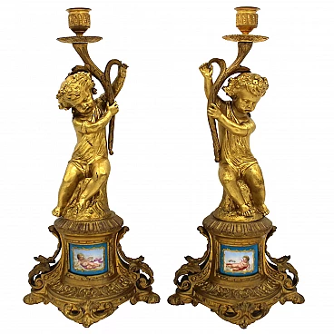Coppia di candelieri Napoleone III in bronzo dorato e porcellana dipinte, '800