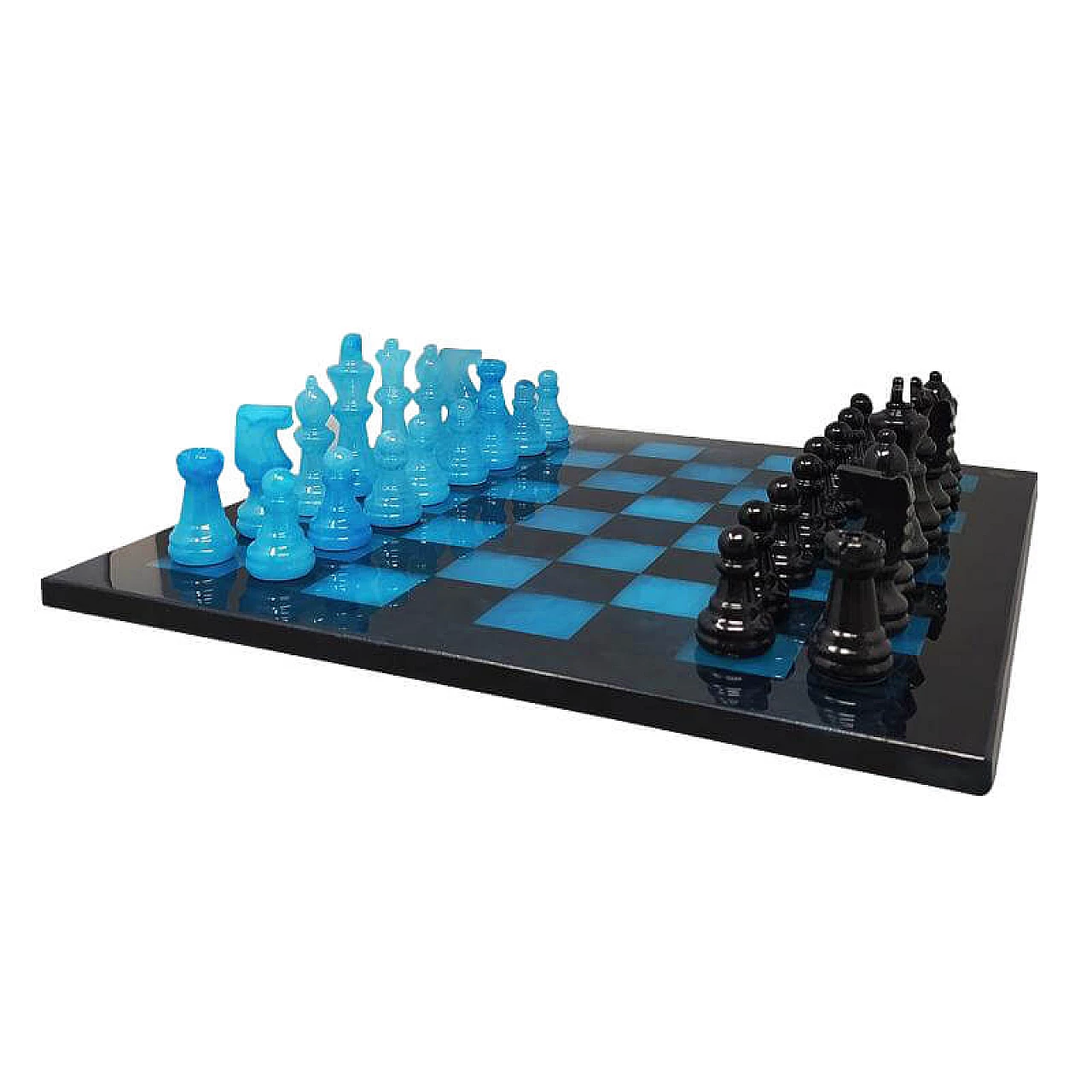 Blue and black chess set in Volterra alabaster, 70s 1250308