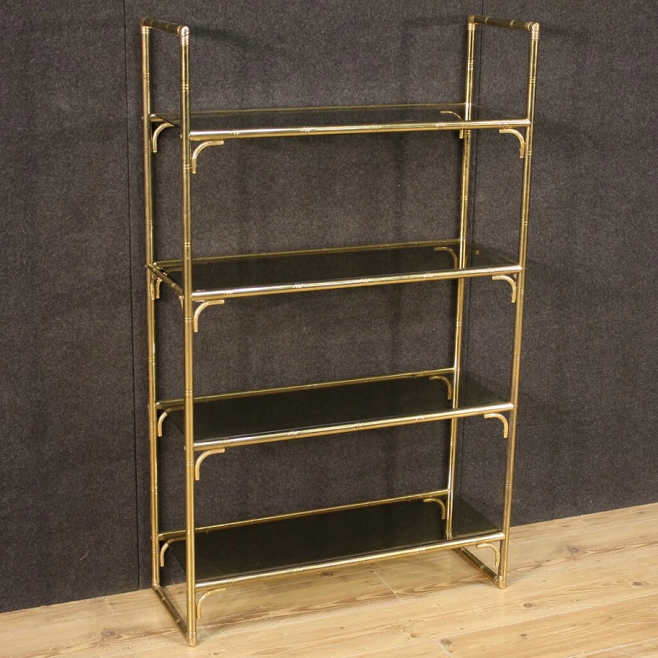 Italian gilt metal bookcase with glass shelves, 70s 1250563