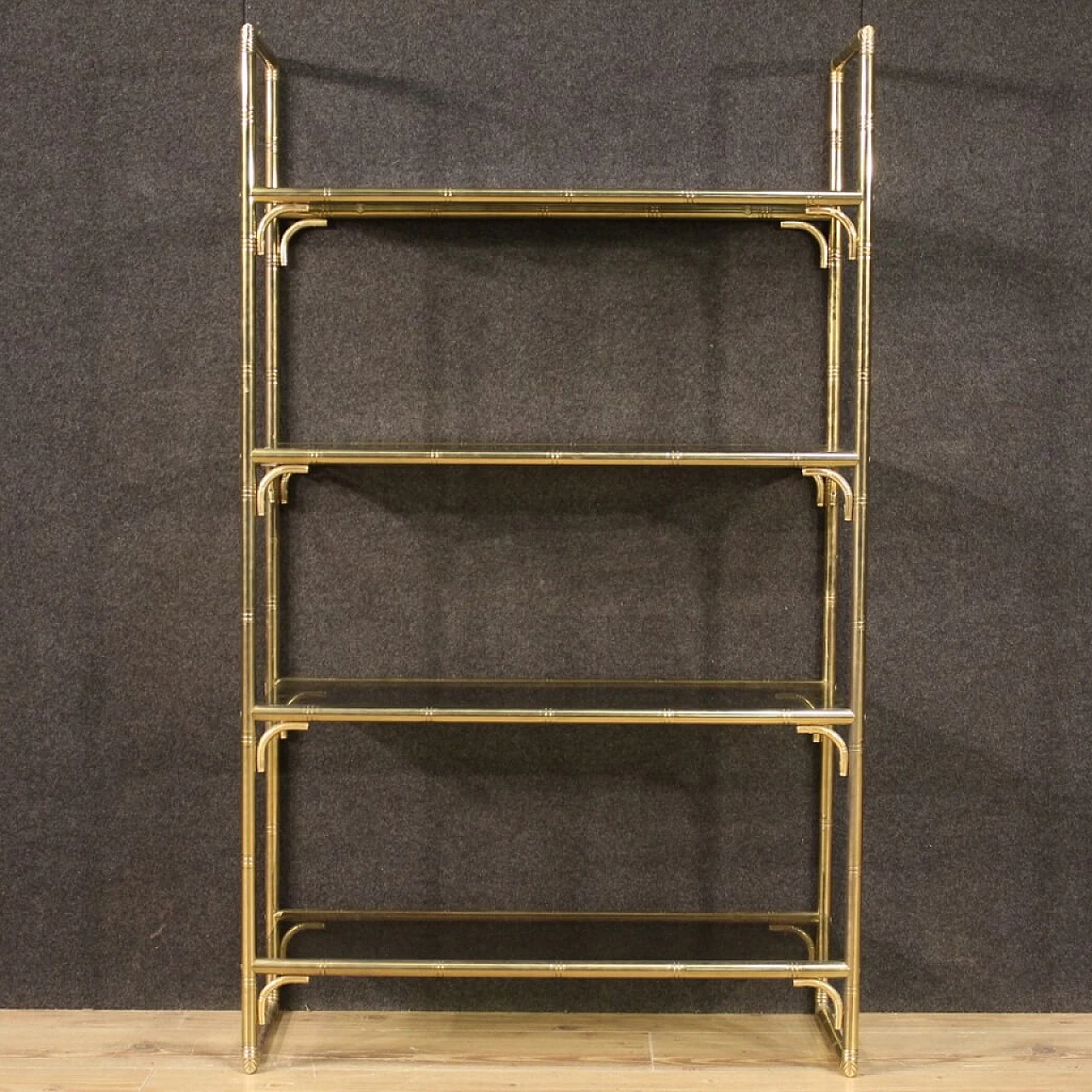 Italian gilt metal bookcase with glass shelves, 70s 1250564
