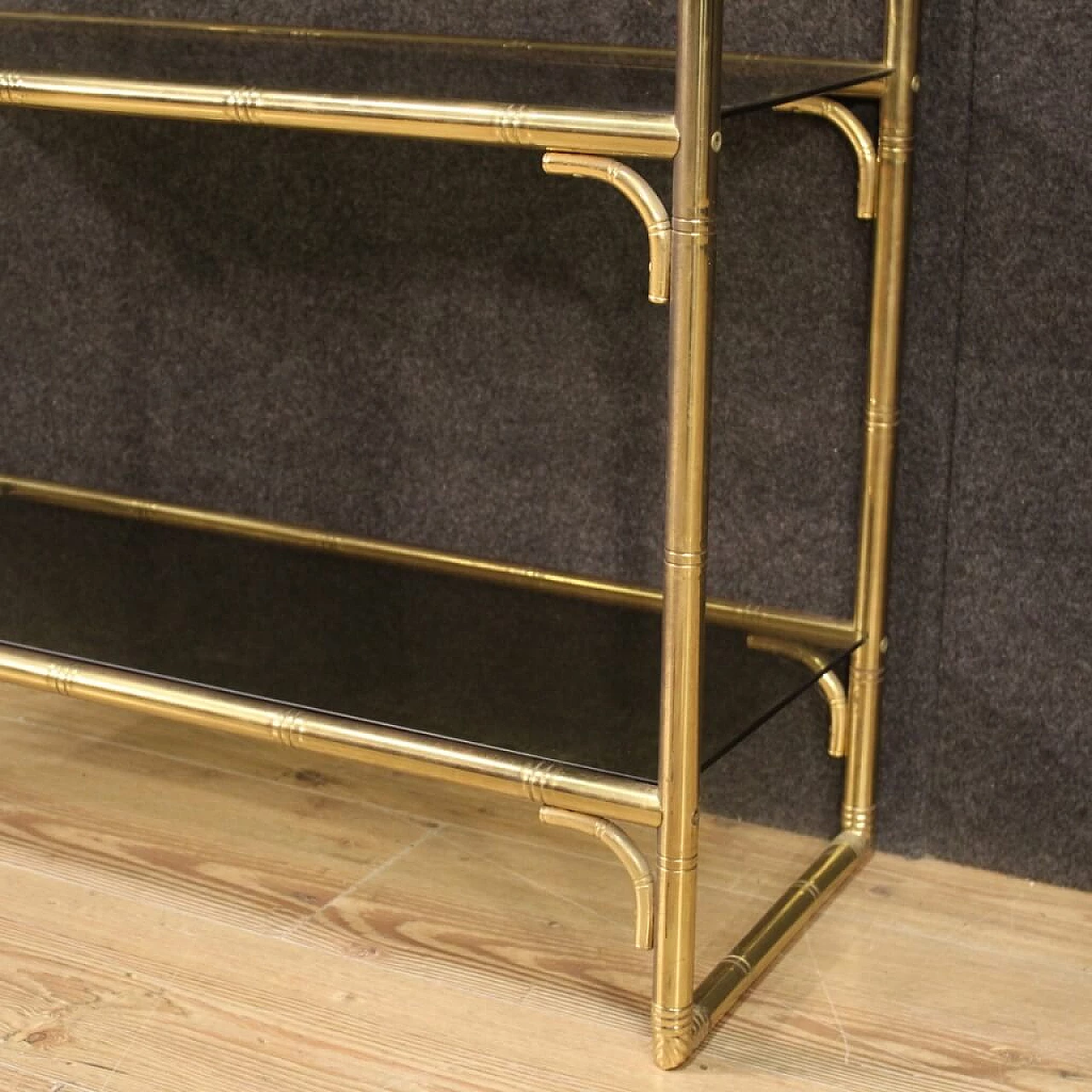 Italian gilt metal bookcase with glass shelves, 70s 1250567