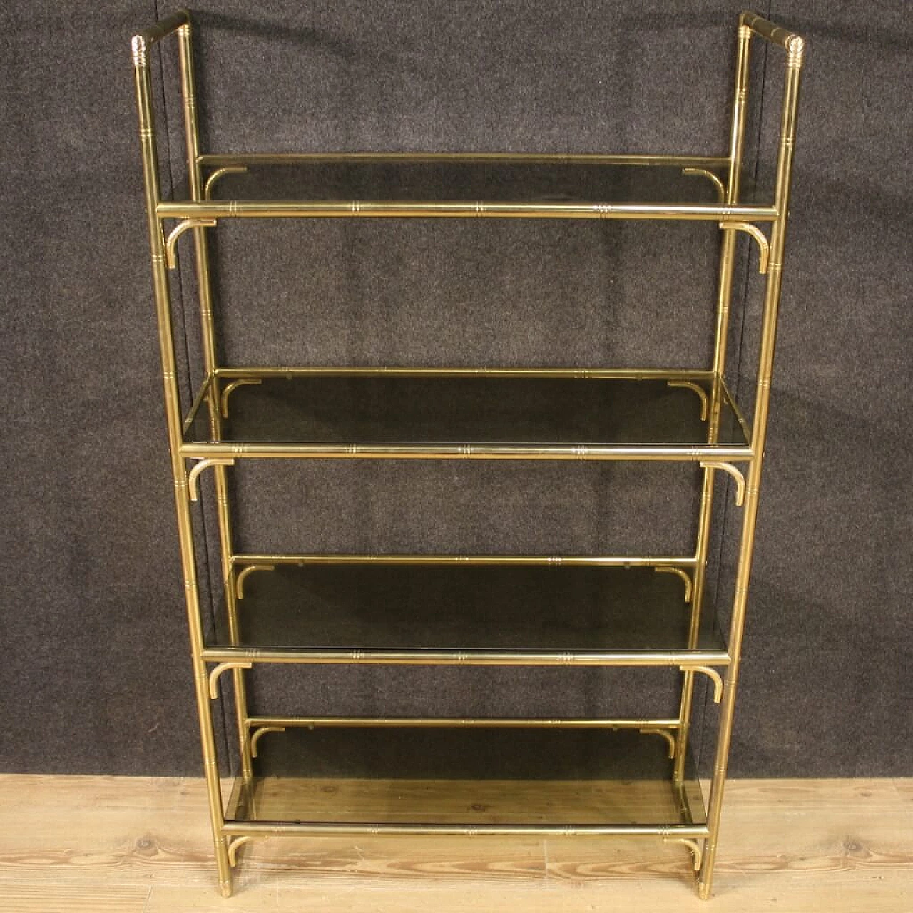 Italian gilt metal bookcase with glass shelves, 70s 1250569