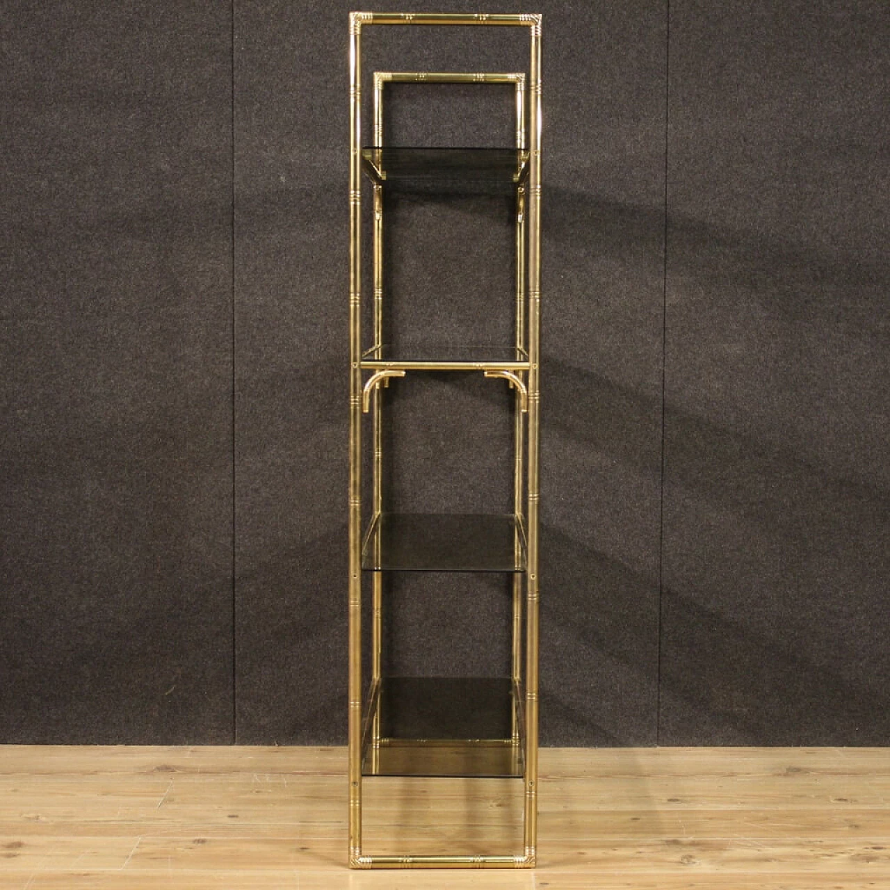 Italian gilt metal bookcase with glass shelves, 70s 1250570