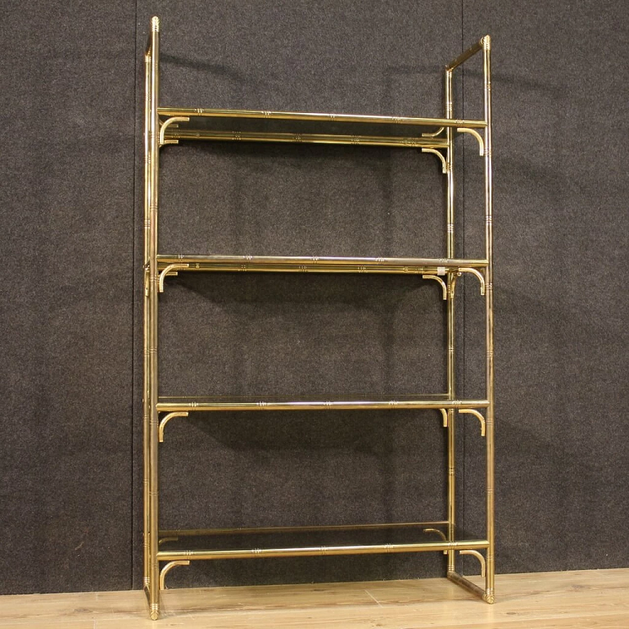 Italian gilt metal bookcase with glass shelves, 70s 1250571
