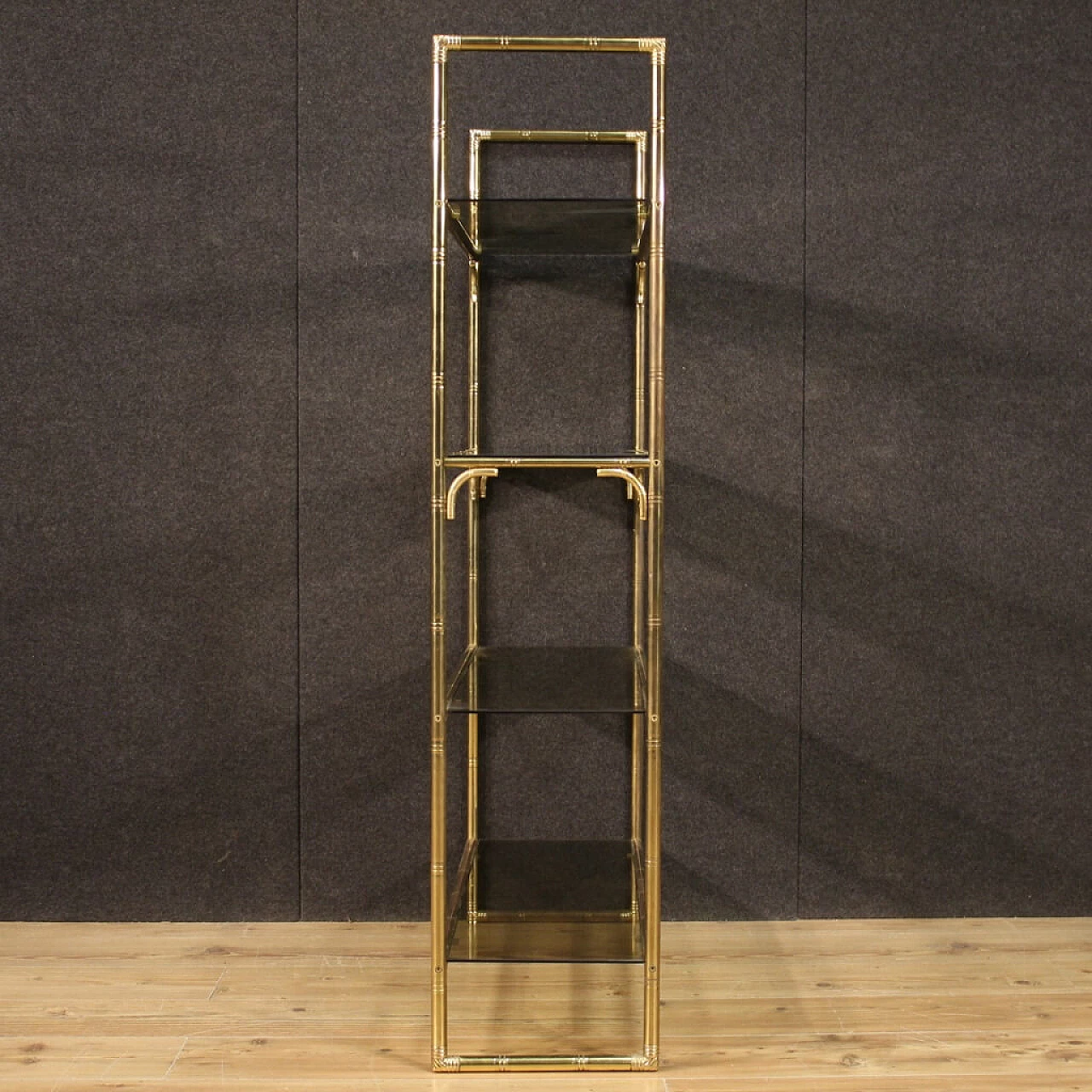Italian gilt metal bookcase with glass shelves, 70s 1250572