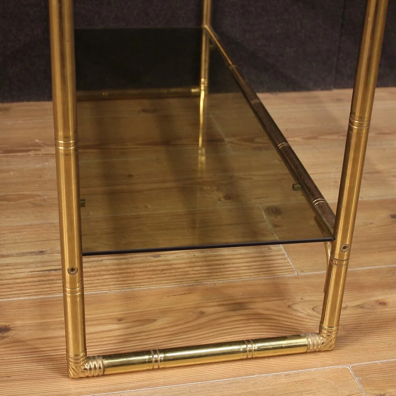 Italian gilt metal bookcase with glass shelves, 70s 1250573