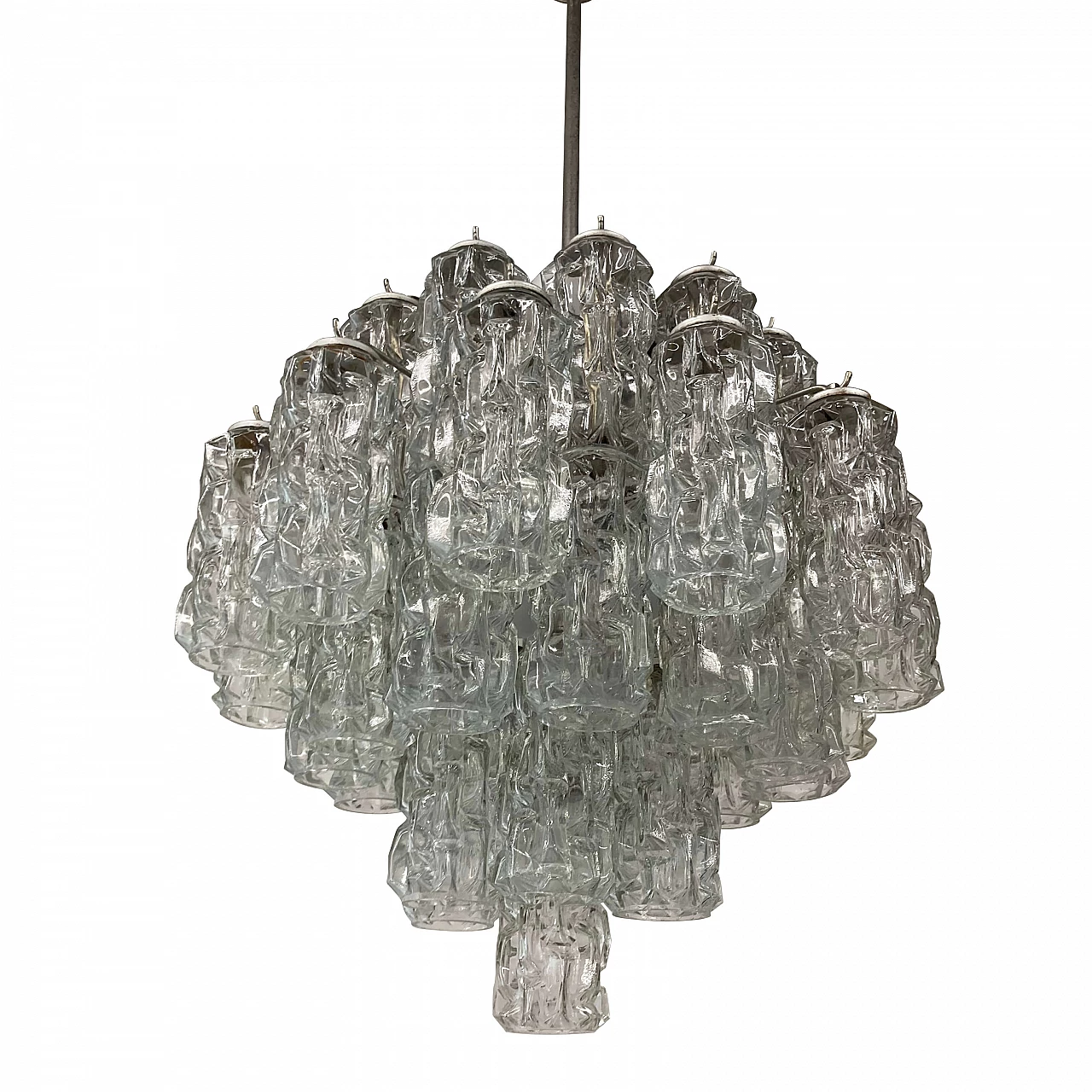 Pair of three-tier chandeliers in frosted glass, 60s 1250648