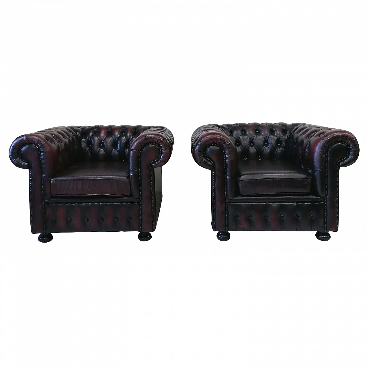 Coppia di poltrone Chesterfield Club in pelle bordeaux, anni '90 1250670