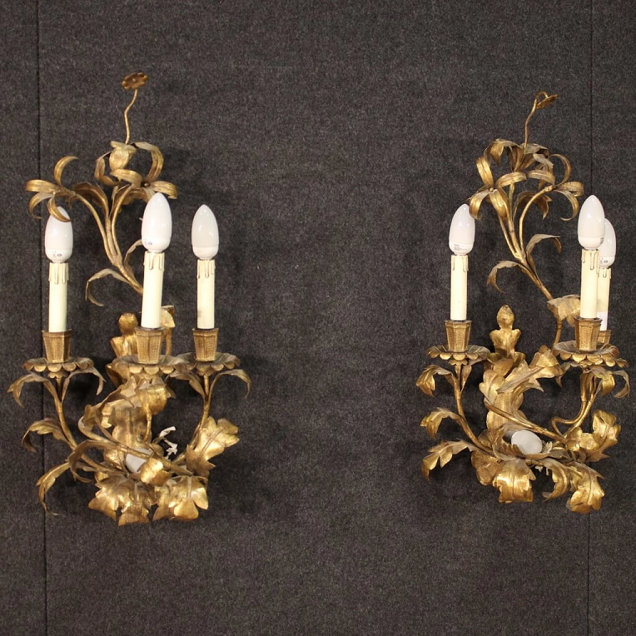 Pair of gilded metal wall lights, 60s 1250680