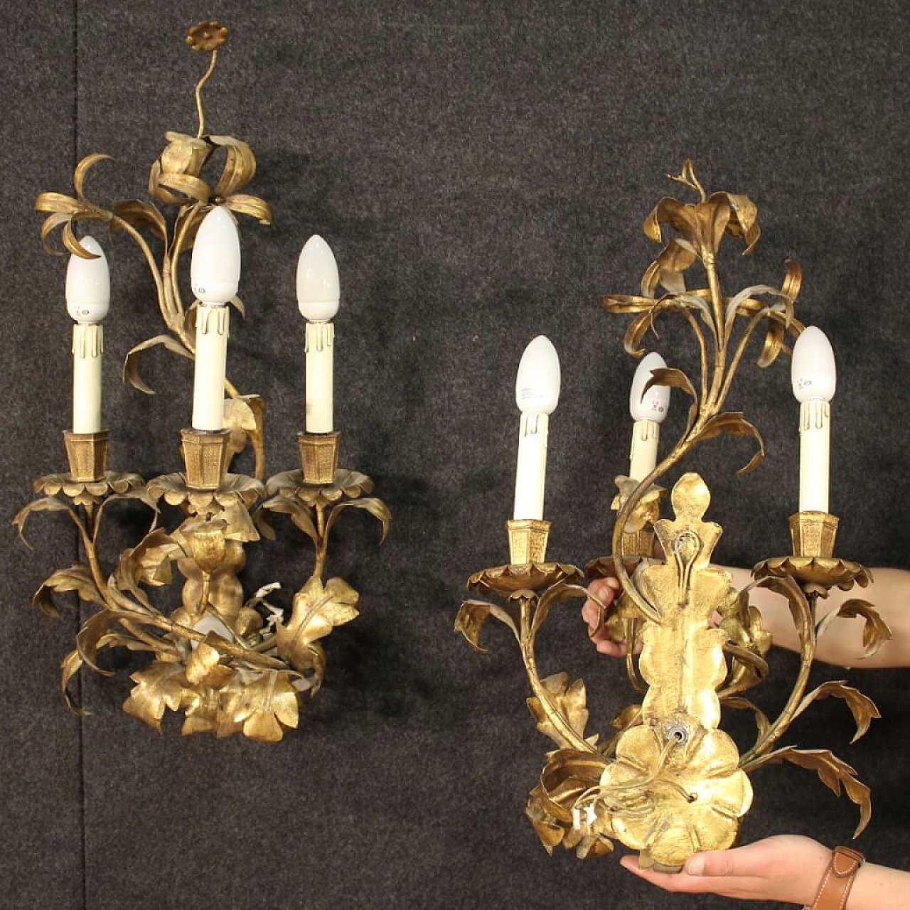 Pair of gilded metal wall lights, 60s 1250691