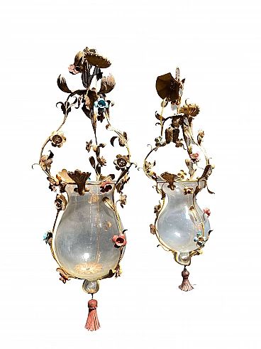 Pair of glass and brass lanterns, 40s