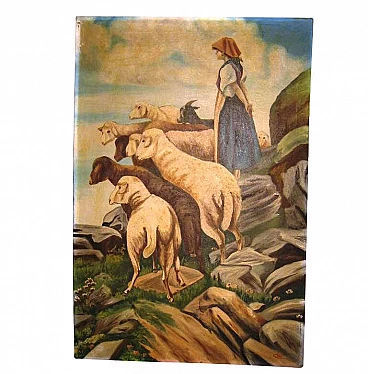 Pastorella con gregge painting signed Clive, early 20th century