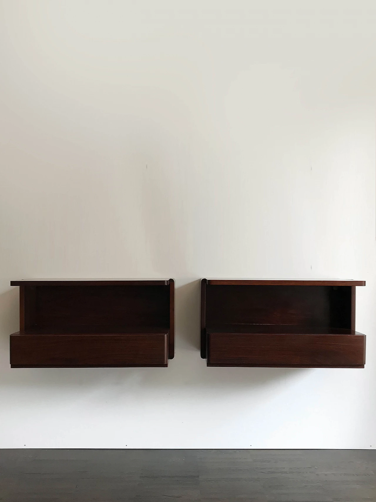 Pair of wooden hanging bedside tables, 60s 1251345