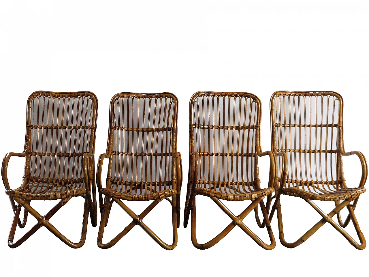 4 Chairs in wicker and bamboo, 60s 1251518