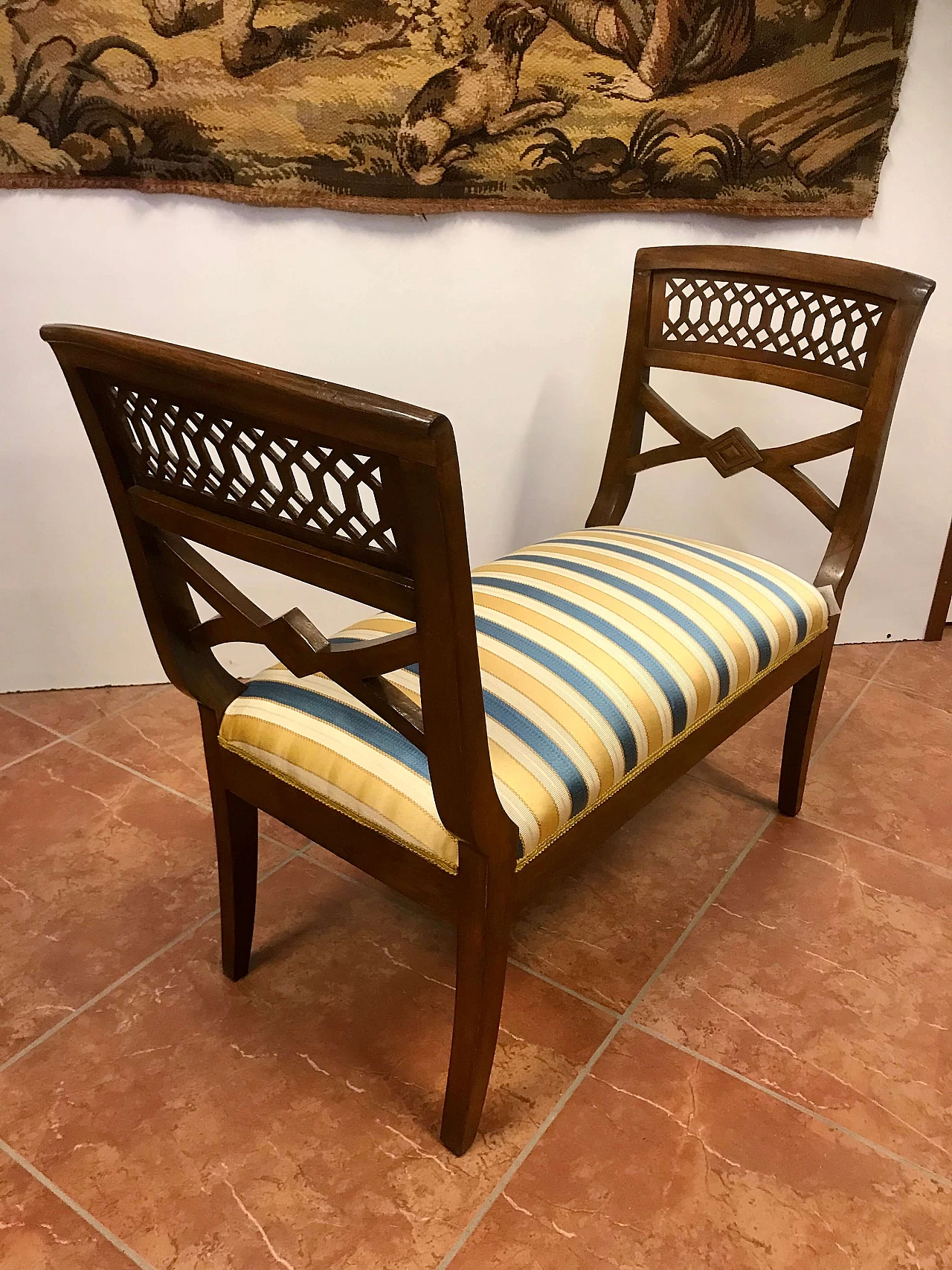Piedmontese bench in walnut and fabric, early 19th century 1251579